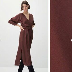 Massimo Dutti Burgundy Satin Wrap Midi Dress